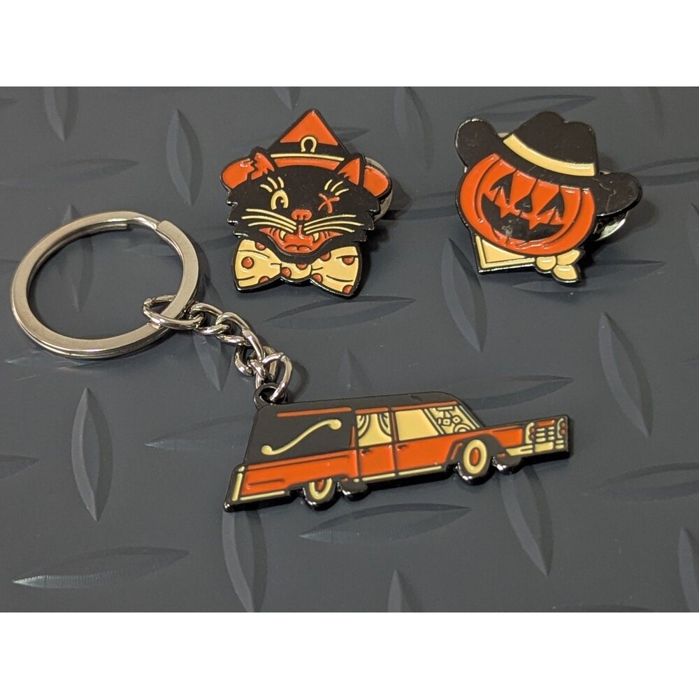 Halloween Retro VTG Themed Enamel Metal Lapel Pins & Keychain Cat Hearse Pumpkin